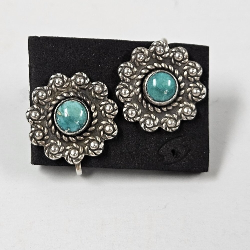 Vintage Southwestern Clip-On Earrings Silver Tone Turquoise Concho Style Boho